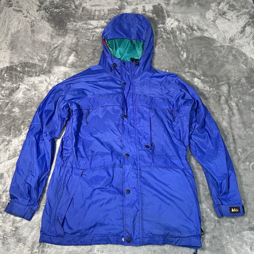 REI Jacket Women Size Small Blue Full Zip Hooded Rain Hiking Mesh Lined Vintage